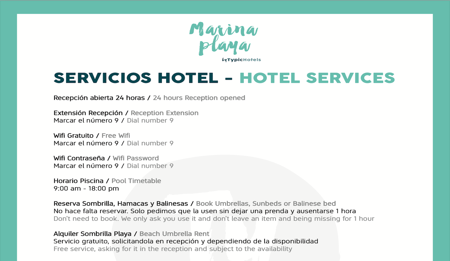 Servizi dell'Hotel Marina Playa
